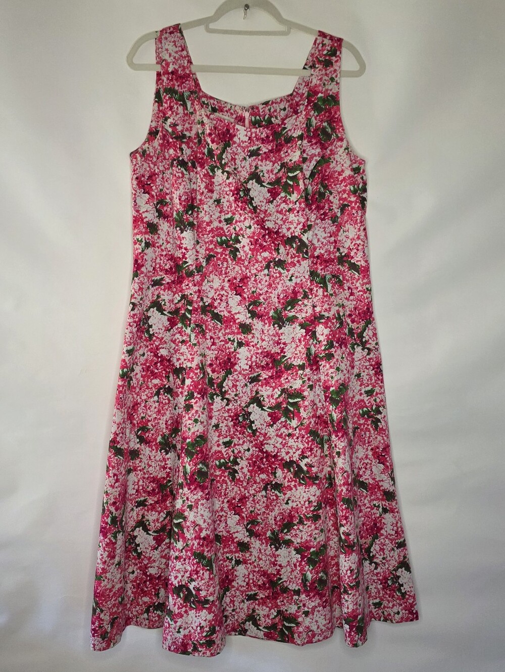 Talbots Floral Fit & Flair Midi Dress Size 16 Pink Sleeveless Back Zip Tropical